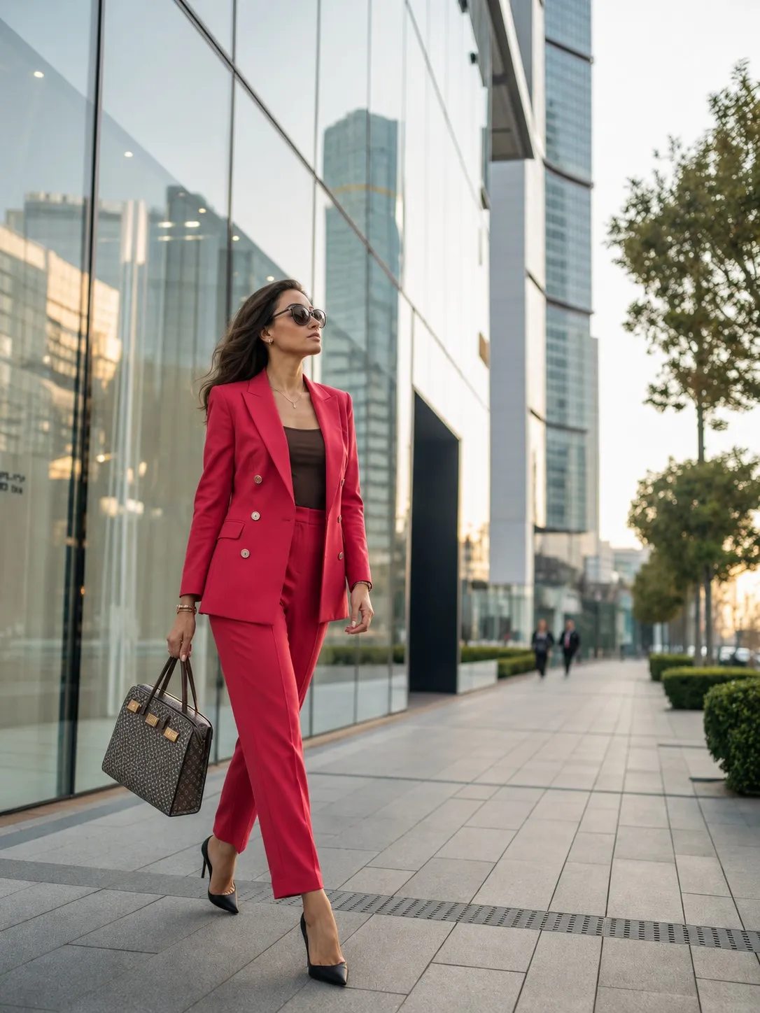 Mulher de terno rosa caminhando na cidade